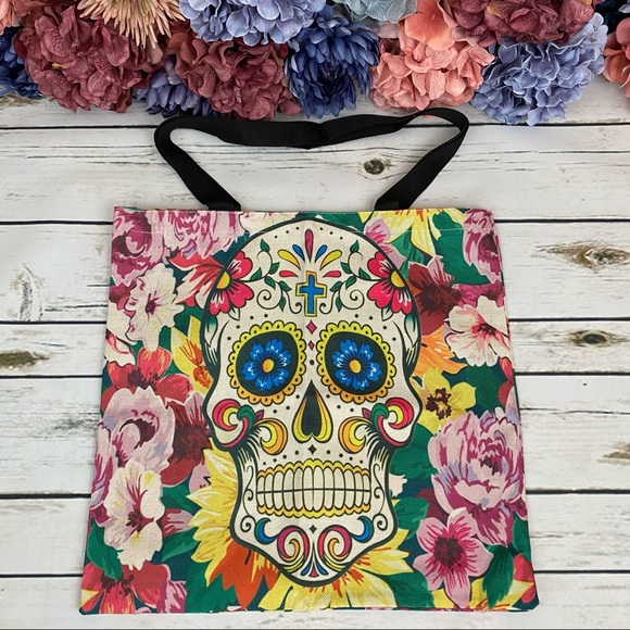 Eco-Friendly Colorful Sugar Skull Folding Tote Bag - Picture 2 of 14